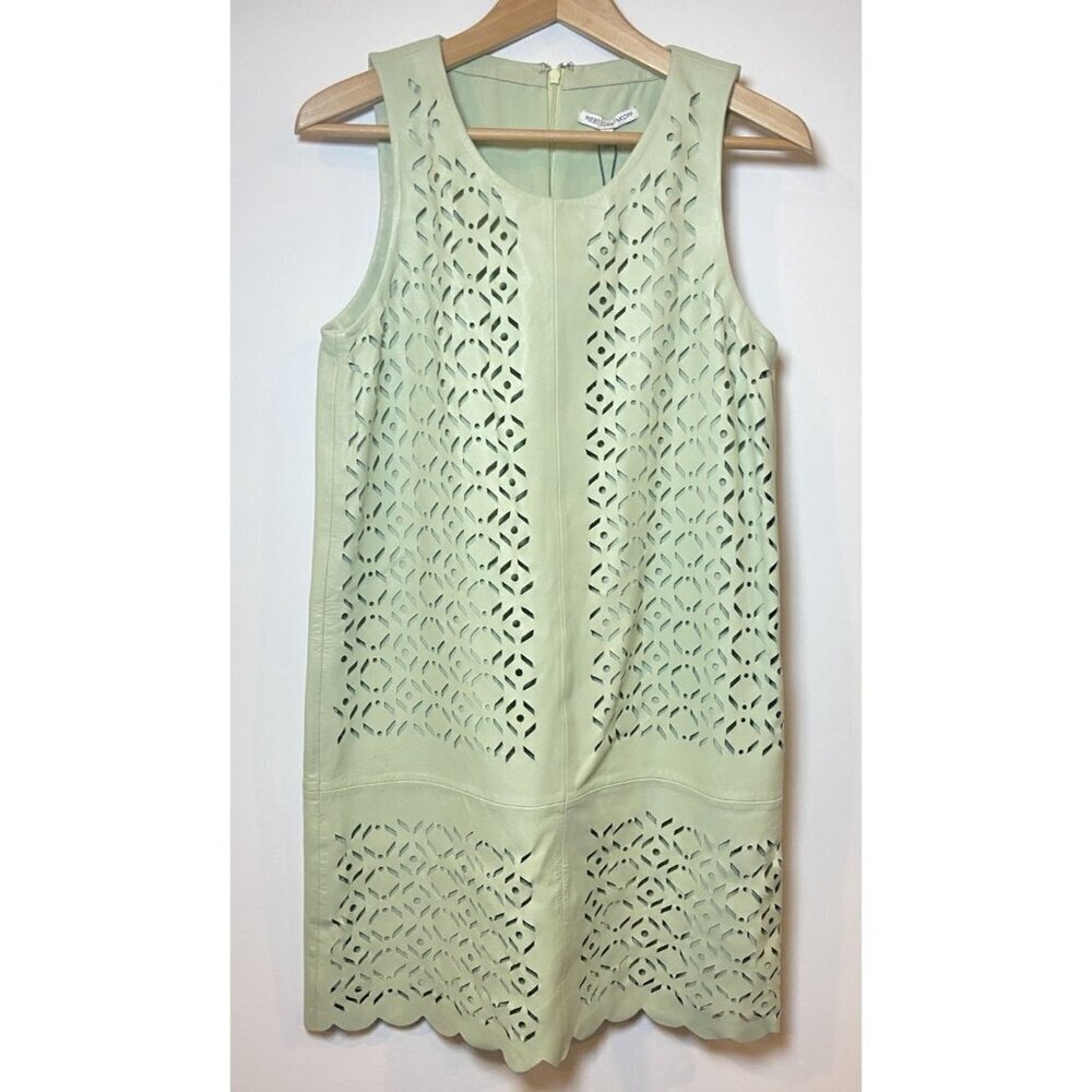 NWT Rebecca Minkoff Samba Lamb Leather Shift Dress Laser Cutout Green Size 2 New